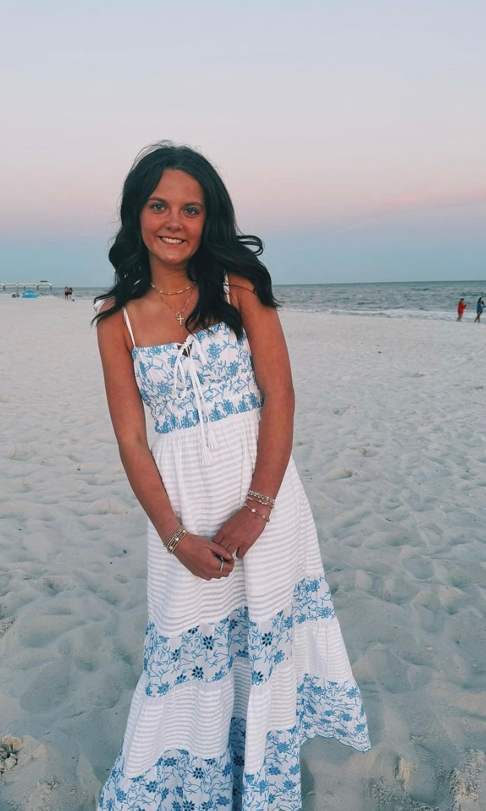 WHITE W/BLUE EMBROIDERY MYRTLE EYELET MAXI DRESS Tiki Island Boutique WHITE W/BLUE EMBROIDERY MYRTLE EYELET MAXI DRESS Tiki Island Boutique