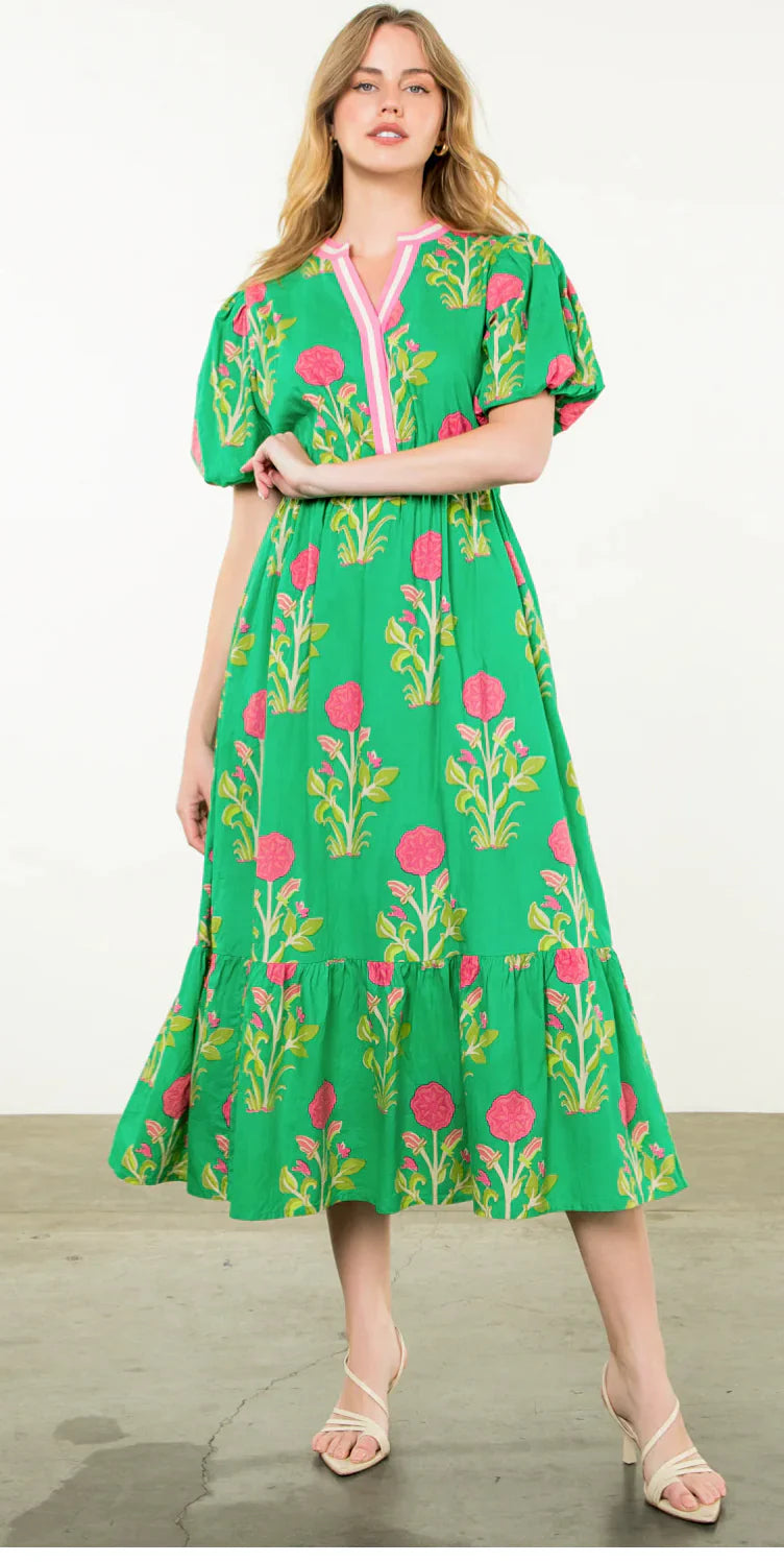 slim fit dress slacks THML Green Floral Print Maxi Dress with Pink Stripe Neck Detail and V- –  Tiki Island Boutique