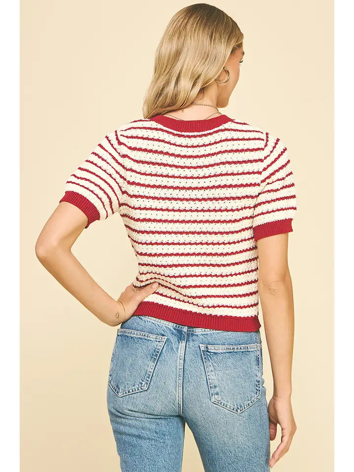 Stripe Textured Short Sleeve Sweater Fairy Red Pinch