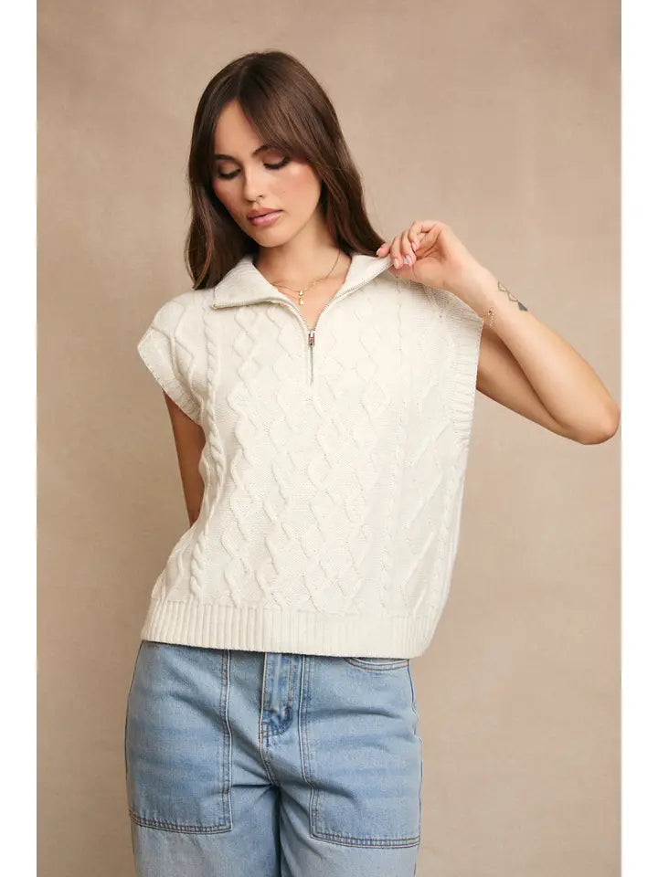 Half Zipper Sleeveless Cable Sweater Top