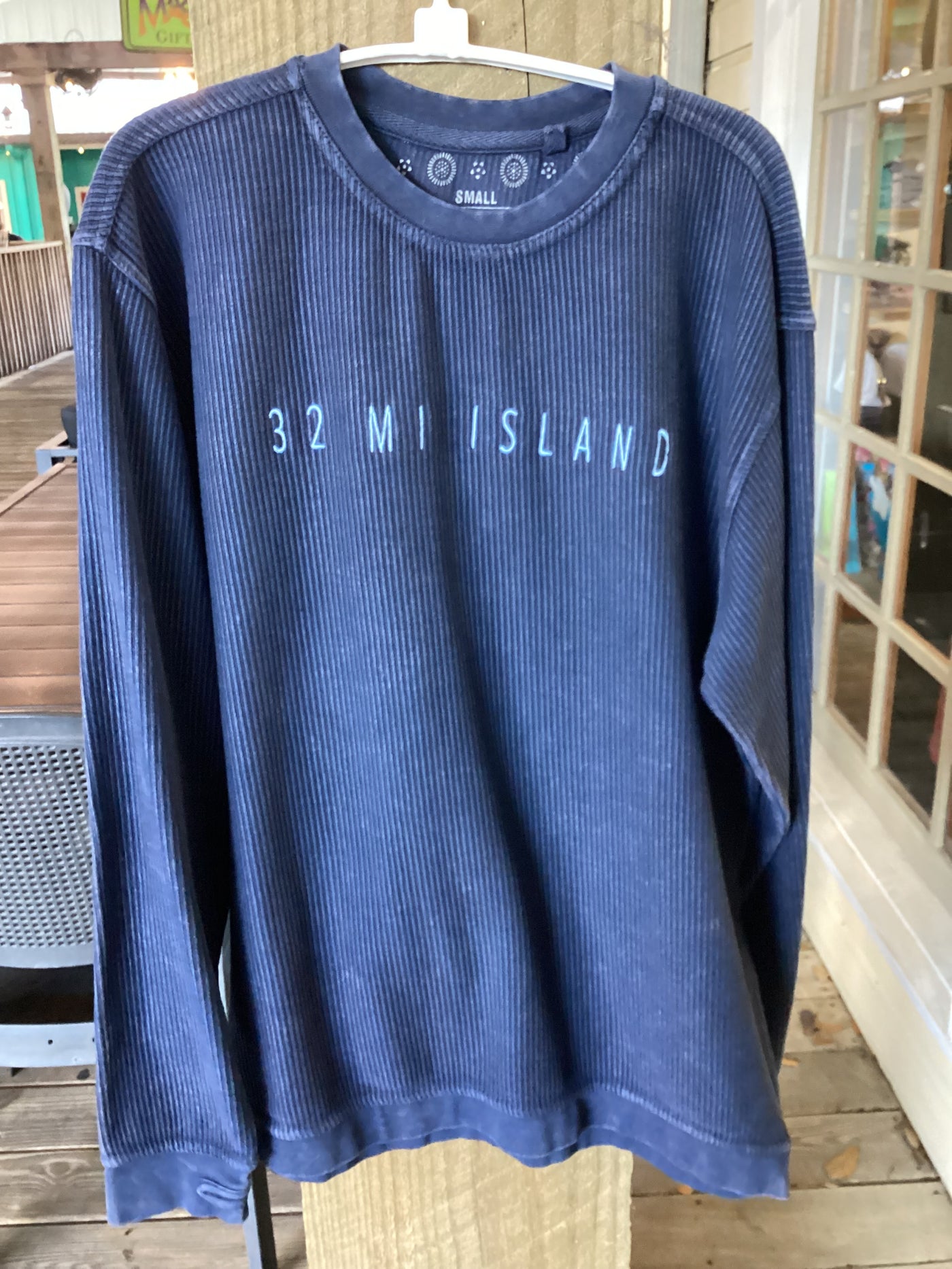 Soft Comfy Corduroy with Linear "32 Mi Island" Logo Pullover Crew