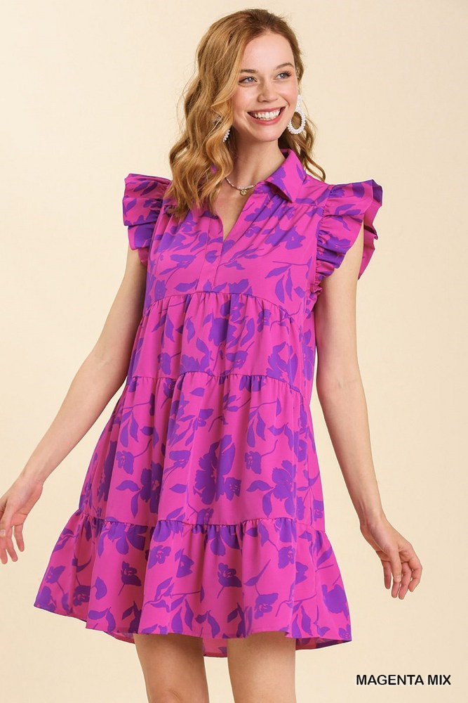 Navy and Pink Flutter Sleeve Umgee Dress