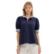 Navy and White Band Short Sleeve Popover Top