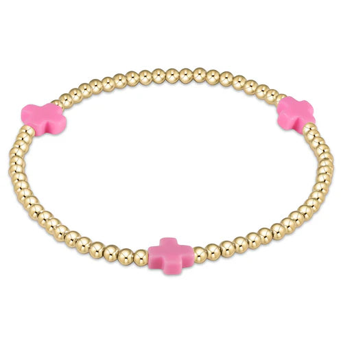 Signature Cross Gold Pattern 3mm Bead Bracelet Bright Pink Extends