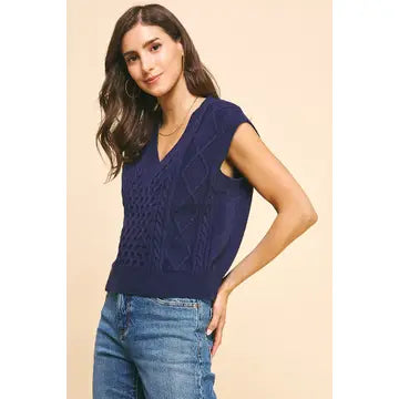 Cable Knit Sweater Vest - Navy PINCH