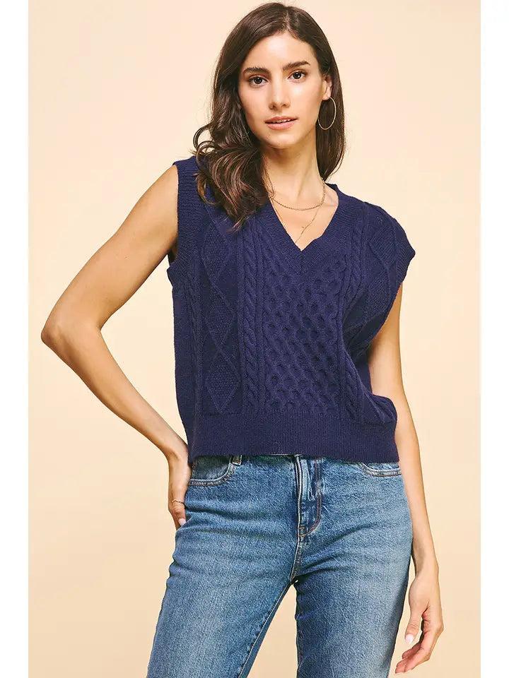 Cable Knit Sweater Vest - Navy PINCH