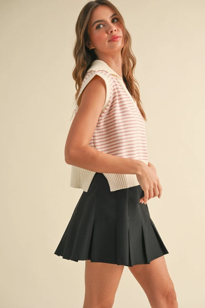 Pink V-Neck Stripe Collar Knitted Top