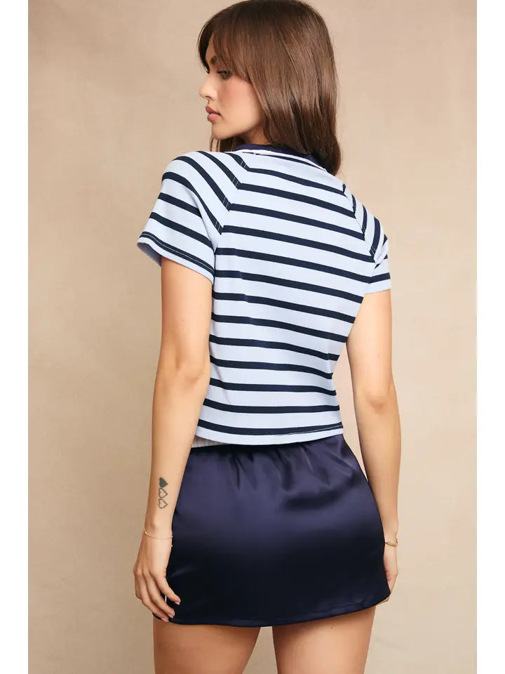 Striped Short Sleeve Top with Contrast Neckband
