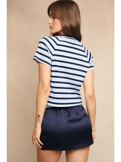 Striped Short Sleeve Top with Contrast Neckband