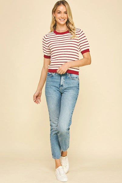 Stripe Textured Short Sleeve Sweater Fairy Red Pinch