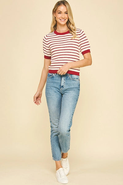 Stripe Textured Short Sleeve Sweater Fairy Red Pinch