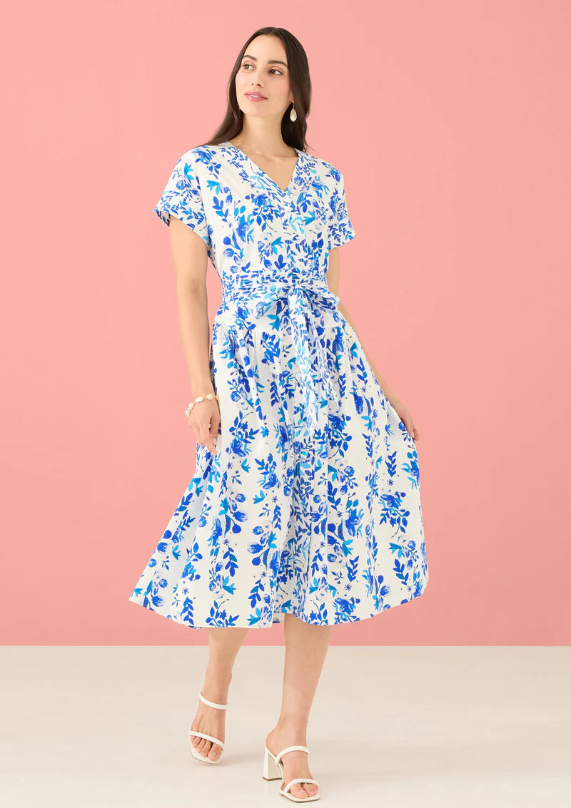 Andrea Dress- Blue and White Floral Long Dress with Large Fabric Covered Buttons and Tie at Wais Aliviat