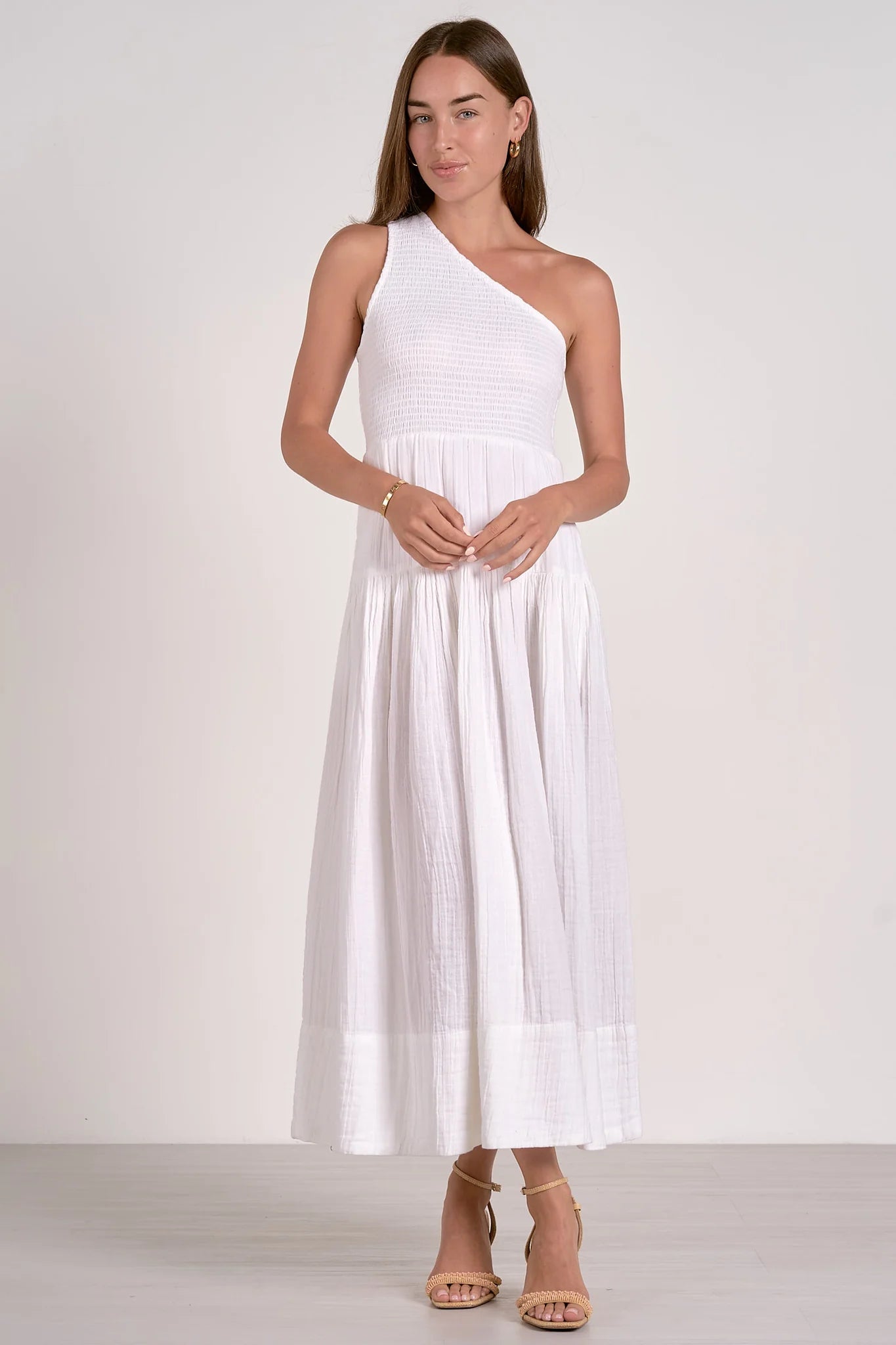 Grace Maxi- White One Shoulder Smocked Bodice Fully Lined Maxi