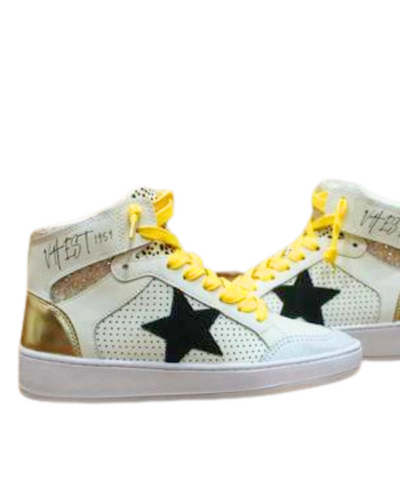 Thalia White Dotted Yellow Lace High Top Sneaker