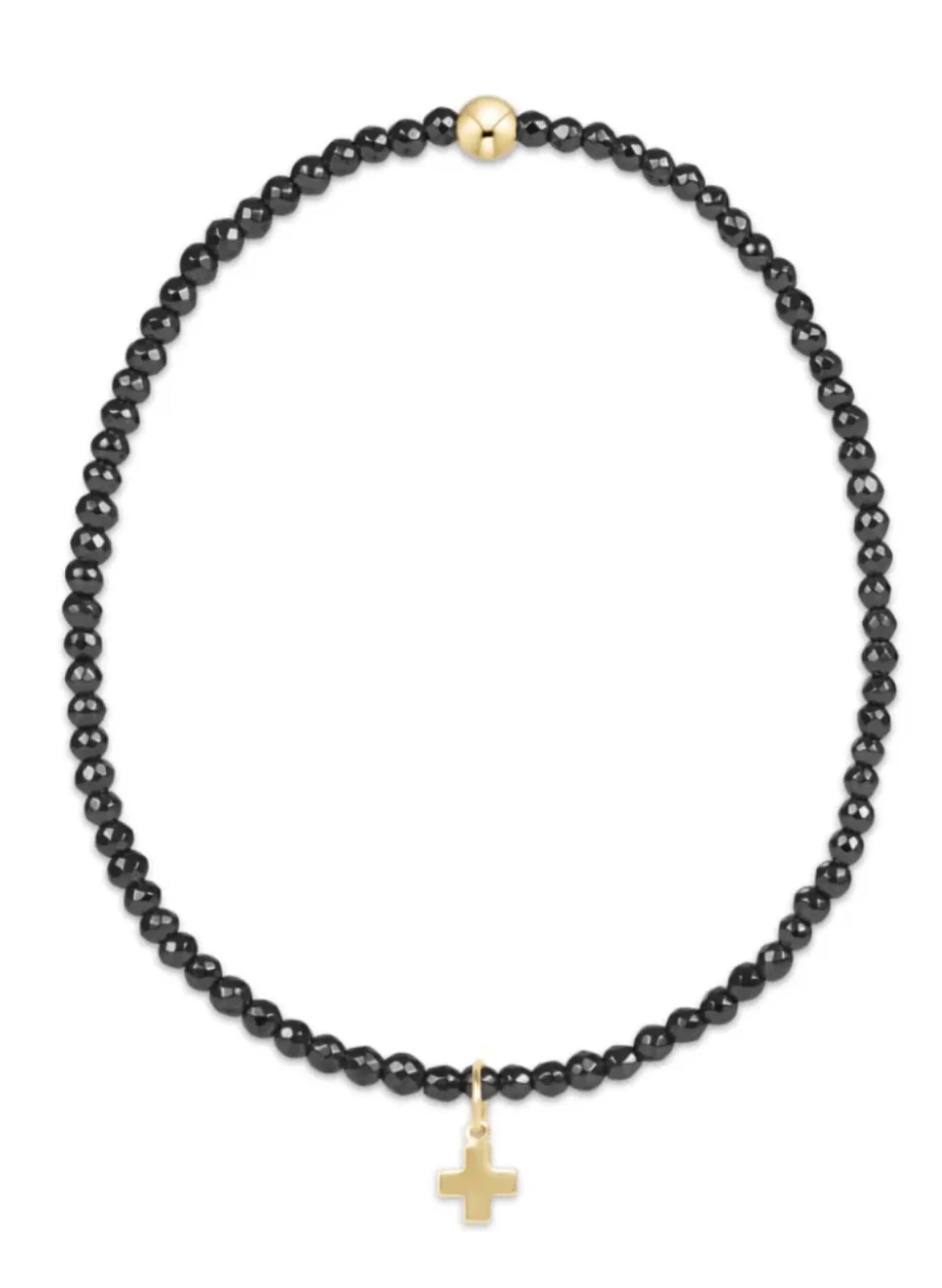 Faceted Hematite 2mm Bead Bracelet Signature Cross Gold Charm