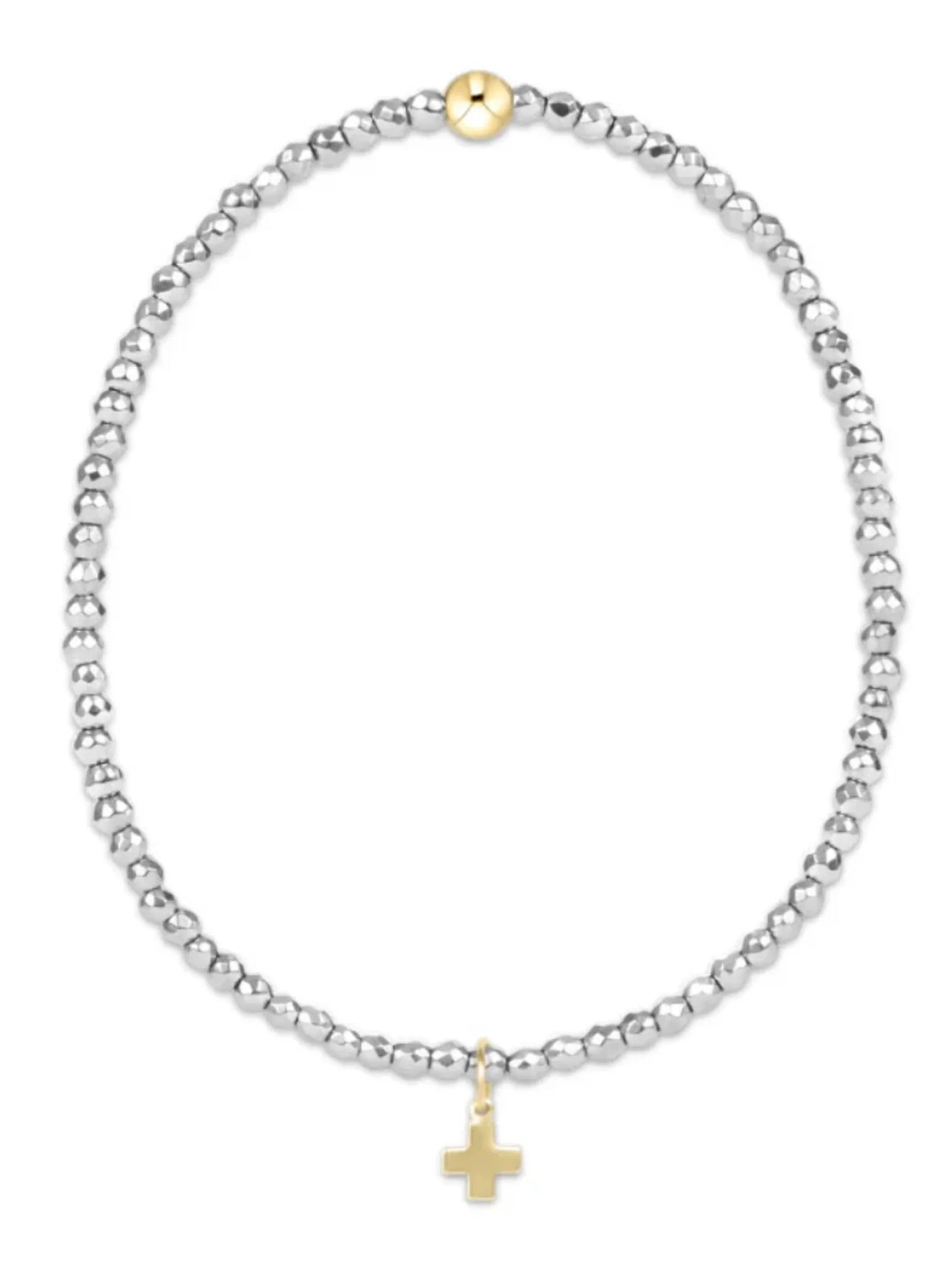 Silver Faceted Hematite 2mm Bead Bracelet Signature Cross Gold Charm