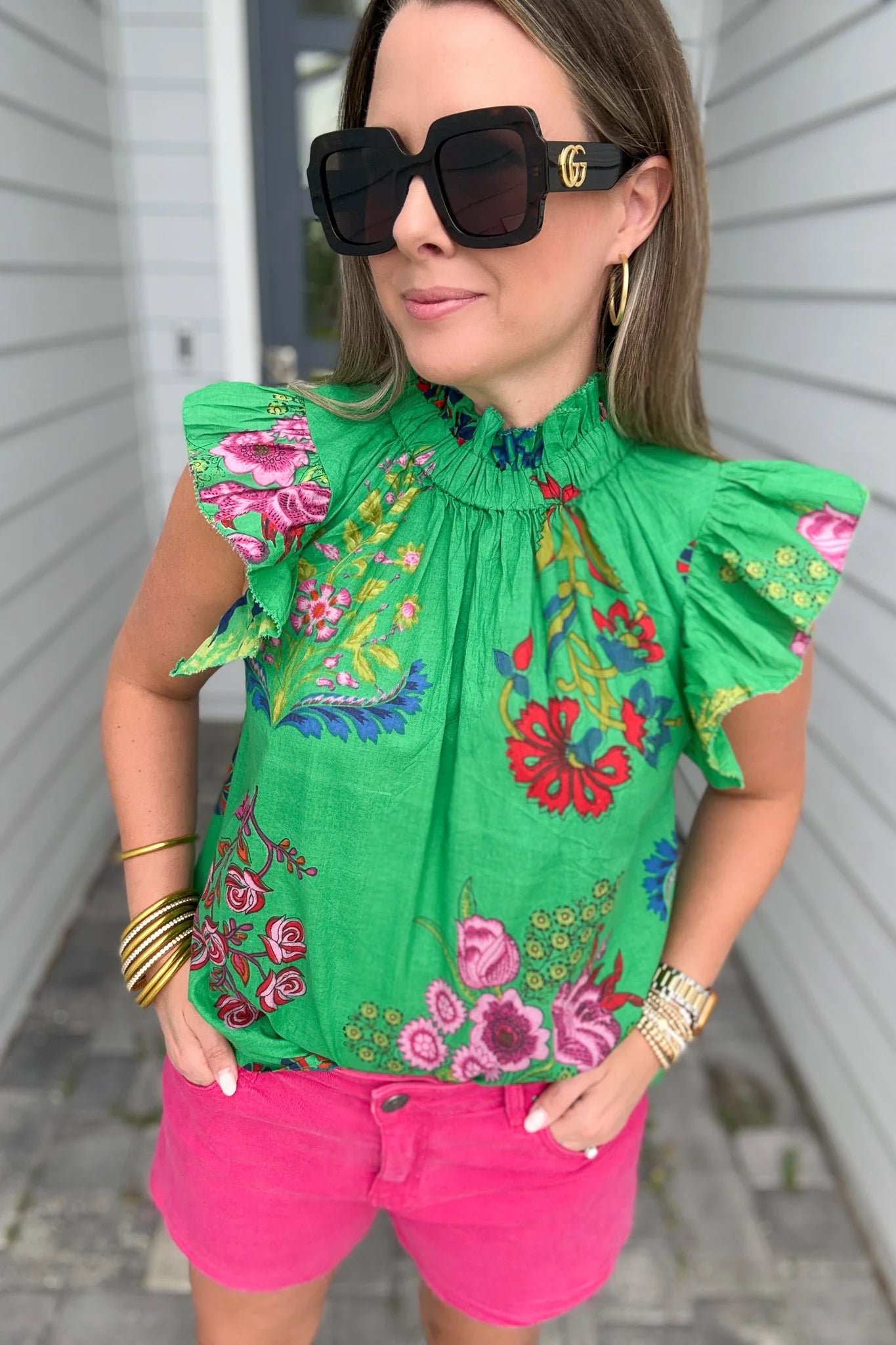 Green Floral Top with Mock Neck and Flutter Sleeve
