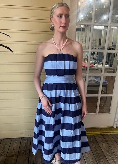 Nautical and Navy-Blue Horizontal Stripe Strapless Dress