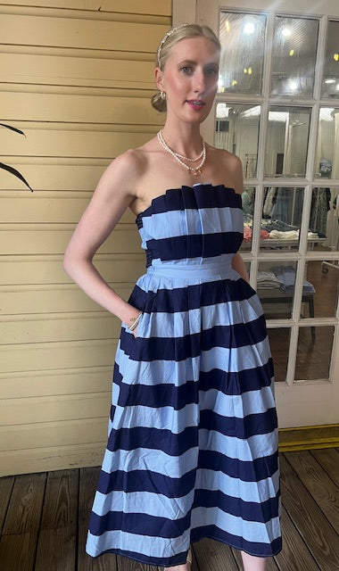 Nautical and Navy-Blue Horizontal Stripe Strapless Dress