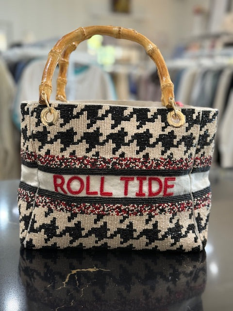 Hand Beaded ROLL TIDE  Canvas Purse with Bamboo Handles