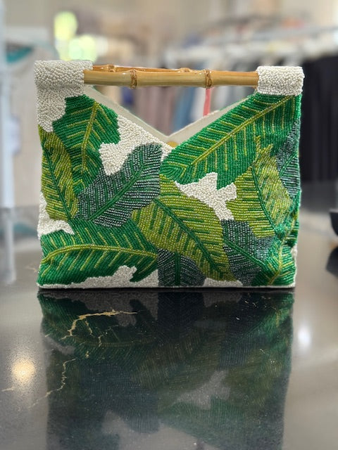 Ivory and Emerald Leaf Pattern Clutch with Bamboo Handles