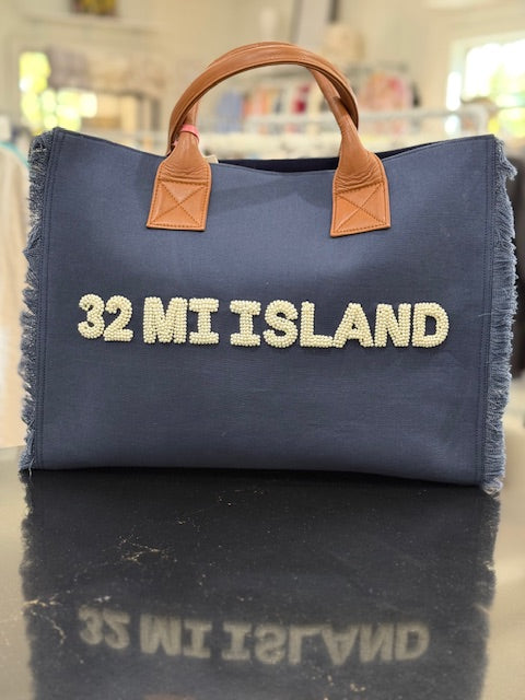 Navy Canvas Tote with Raised Pearls "32 MI Island" with Brown Leather Handles