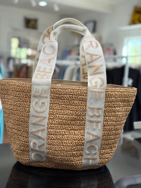 Natural Raffia Tote with White and Bone Embroidered Strap with "Orange Beach"