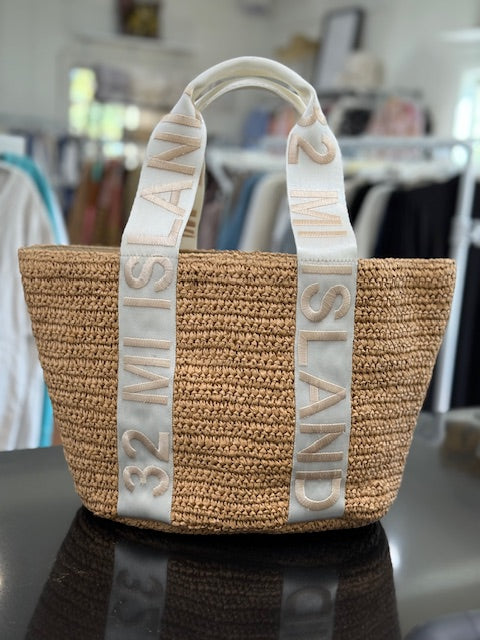 Natural Raffia Tote with White and Bone Embroidered Strap with "32 MI Island"