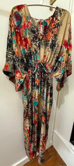 Taupe Maxi Dress with Vibrant Floral Design and  Contrasting Sleeve Detail