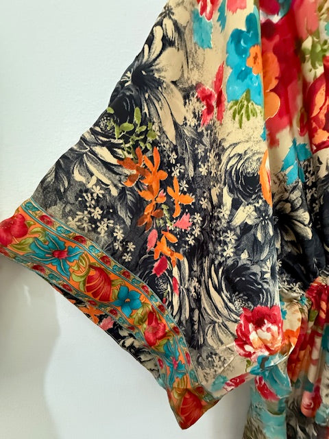 Taupe Maxi Dress with Vibrant Floral Design and  Contrasting Sleeve Detail