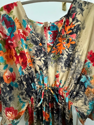 Taupe Maxi Dress with Vibrant Floral Design and  Contrasting Sleeve Detail