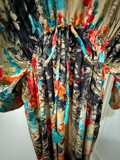 Taupe Maxi Dress with Vibrant Floral Design and  Contrasting Sleeve Detail