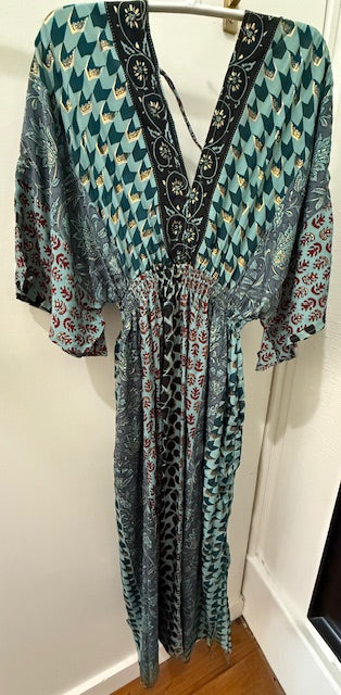 Flutter Sleeve Maxi in Teal with Gold Accents with Tie and Tassels on Back