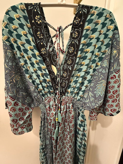 Flutter Sleeve Maxi in Teal with Gold Accents with Tie and Tassels on Back