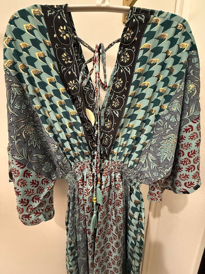 Flutter Sleeve Maxi in Teal with Gold Accents with Tie and Tassels on Back