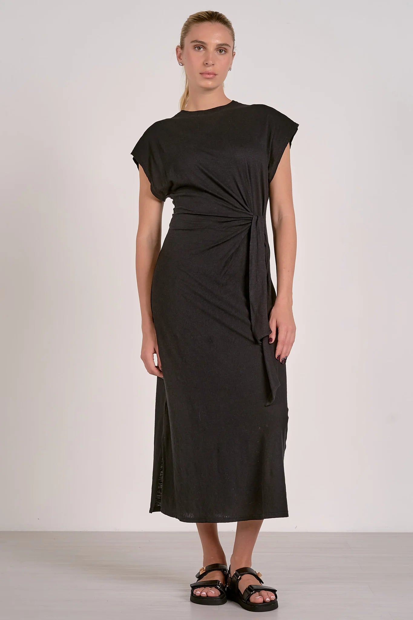 Jolene Dress- Black Midi Crewneck Dress with Wrap Tie at Waist