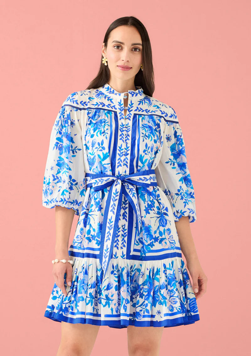 Lori-Anne- Blue and White Floral Short Drop Waist Dress with Small Fabric Covered Buttons and Tie at Waist Alivia