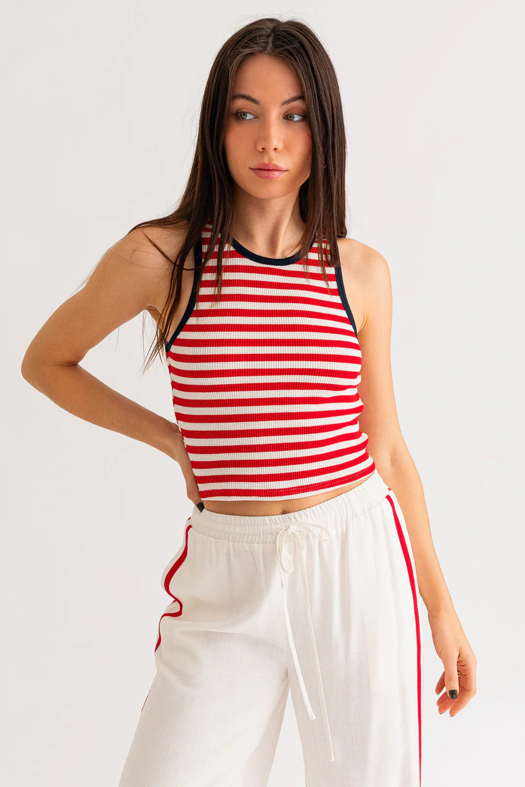 Navy and White Stripe Thermal Tank with Red Piping