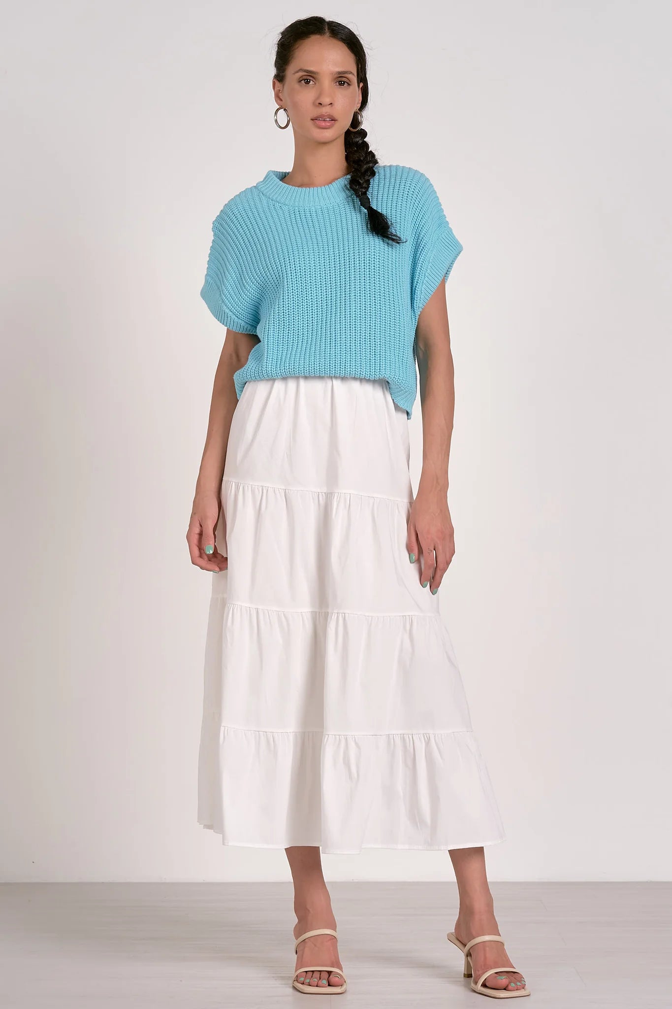 Opal Sweater Dress- Aqua Knit Sweater Top Combo with White attached Cotton Skirt Elan
