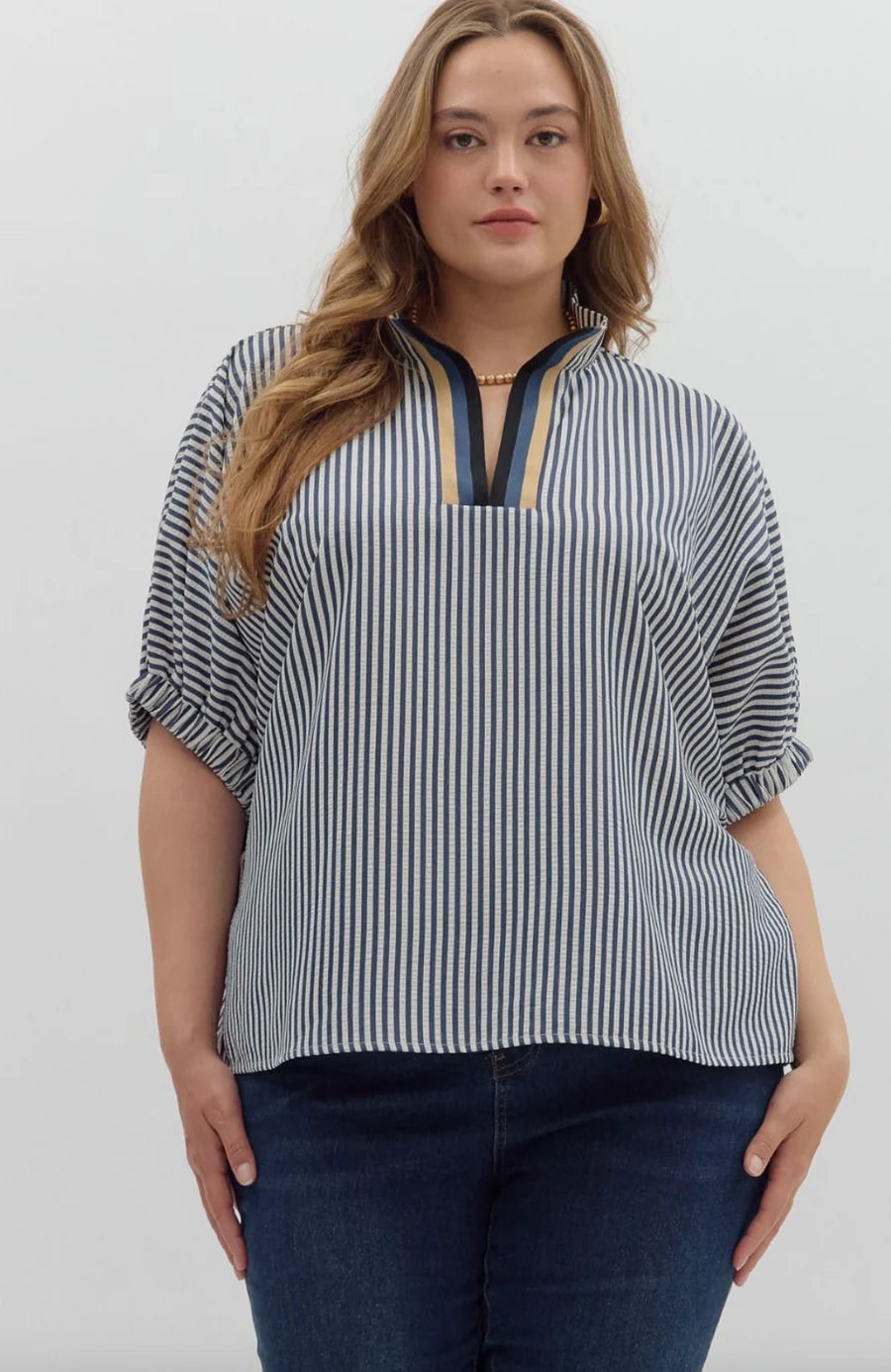 Saden Top- Navy and Cream Vertical Stripe Top with Contrast V-neck Top