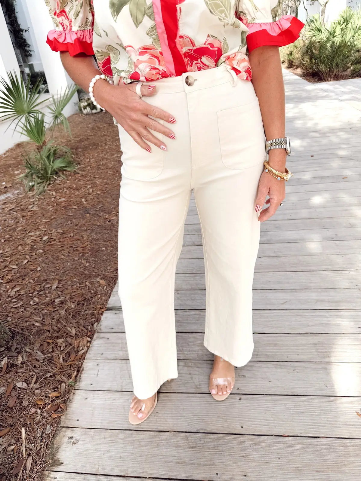 Ecru High Waist Wide Leg Pants