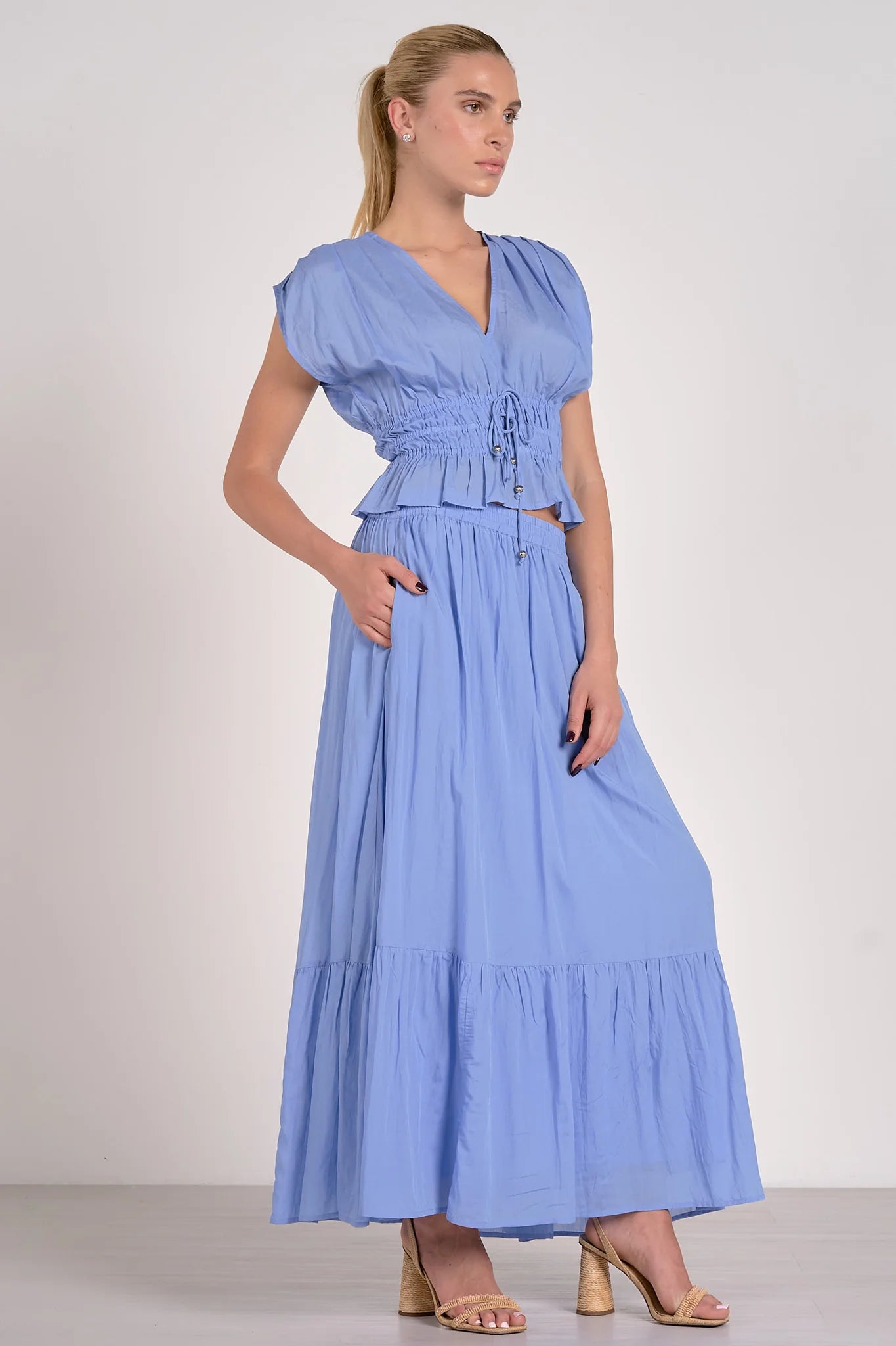 Blue V-Neck Top with Elastic Detail at Waist and Ties with Skirt Set