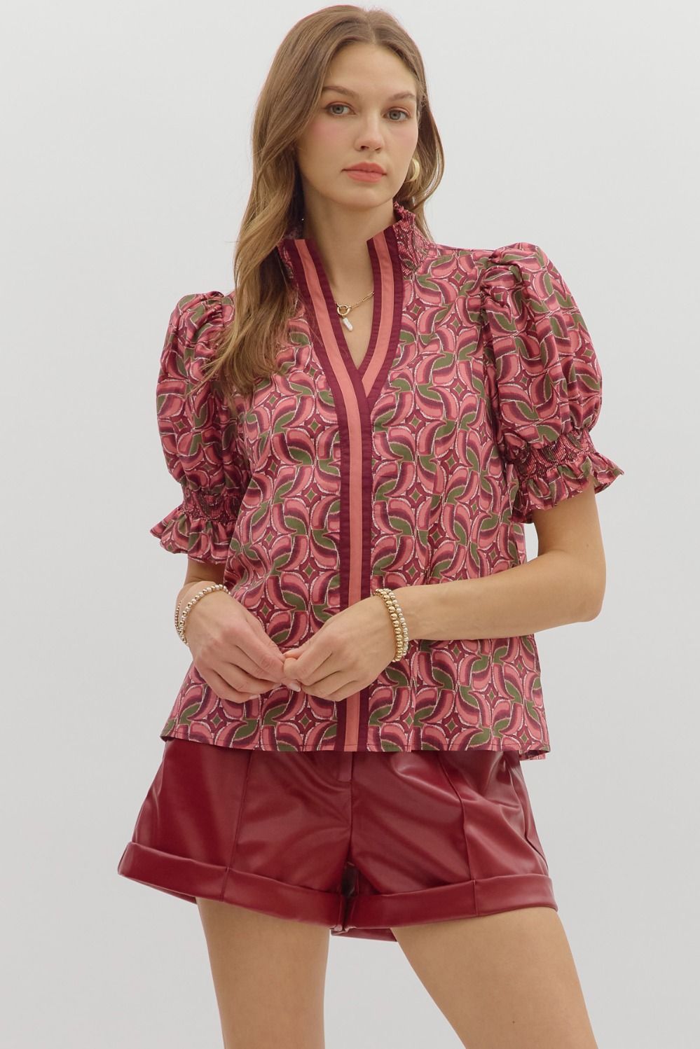 Abstract Pattern Wine Top with Smocked Cuff Band