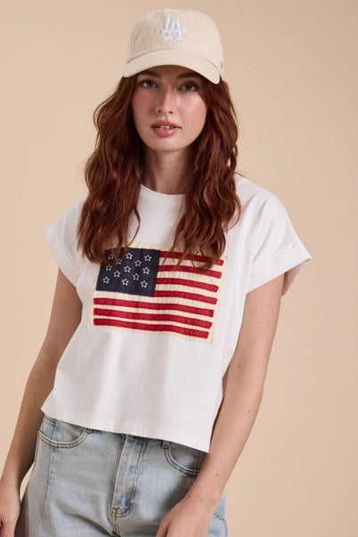 White Appliqued Flag Patch Cotton Top
