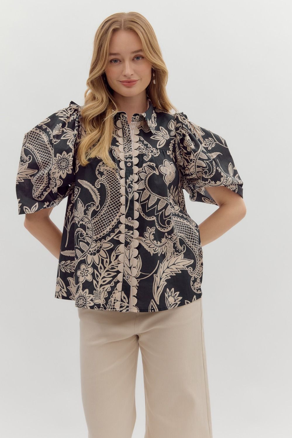 Black and Cream Paisley Top with Scallop Trim
