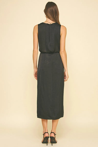 Black Silky Side Slit Midi Dress