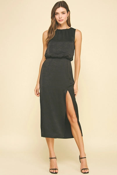 Black Silky Side Slit Midi Dress