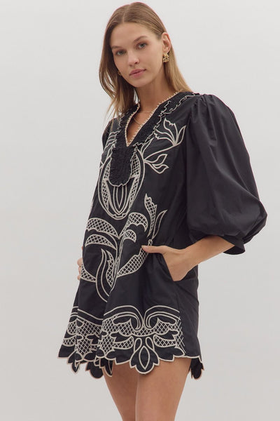 Black Mini Dress with Embroidered Design with Scallop Hem