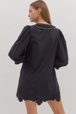 Black Mini Dress with Embroidered Design with Scallop Hem