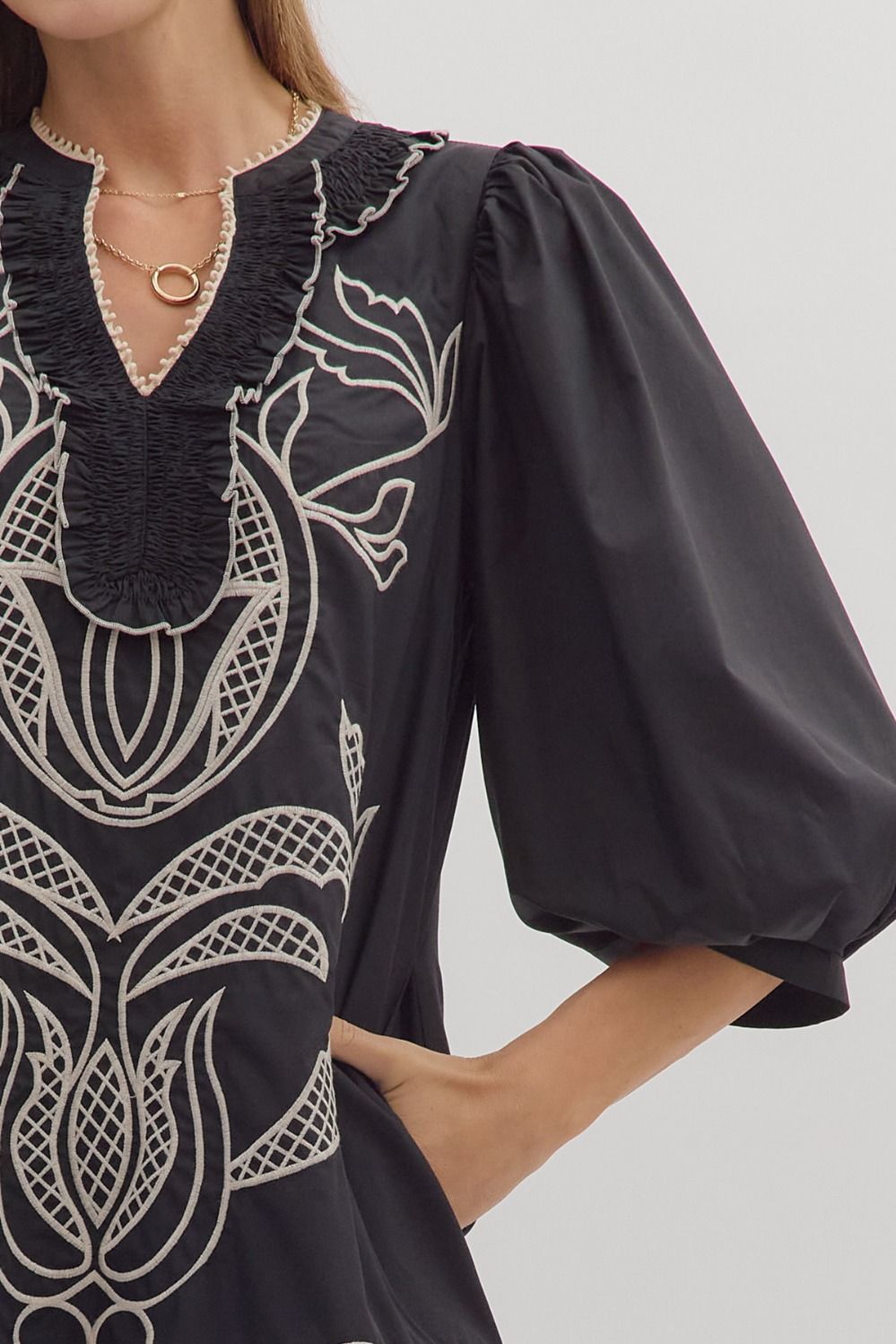 Black Mini Dress with Embroidered Design with Scallop Hem